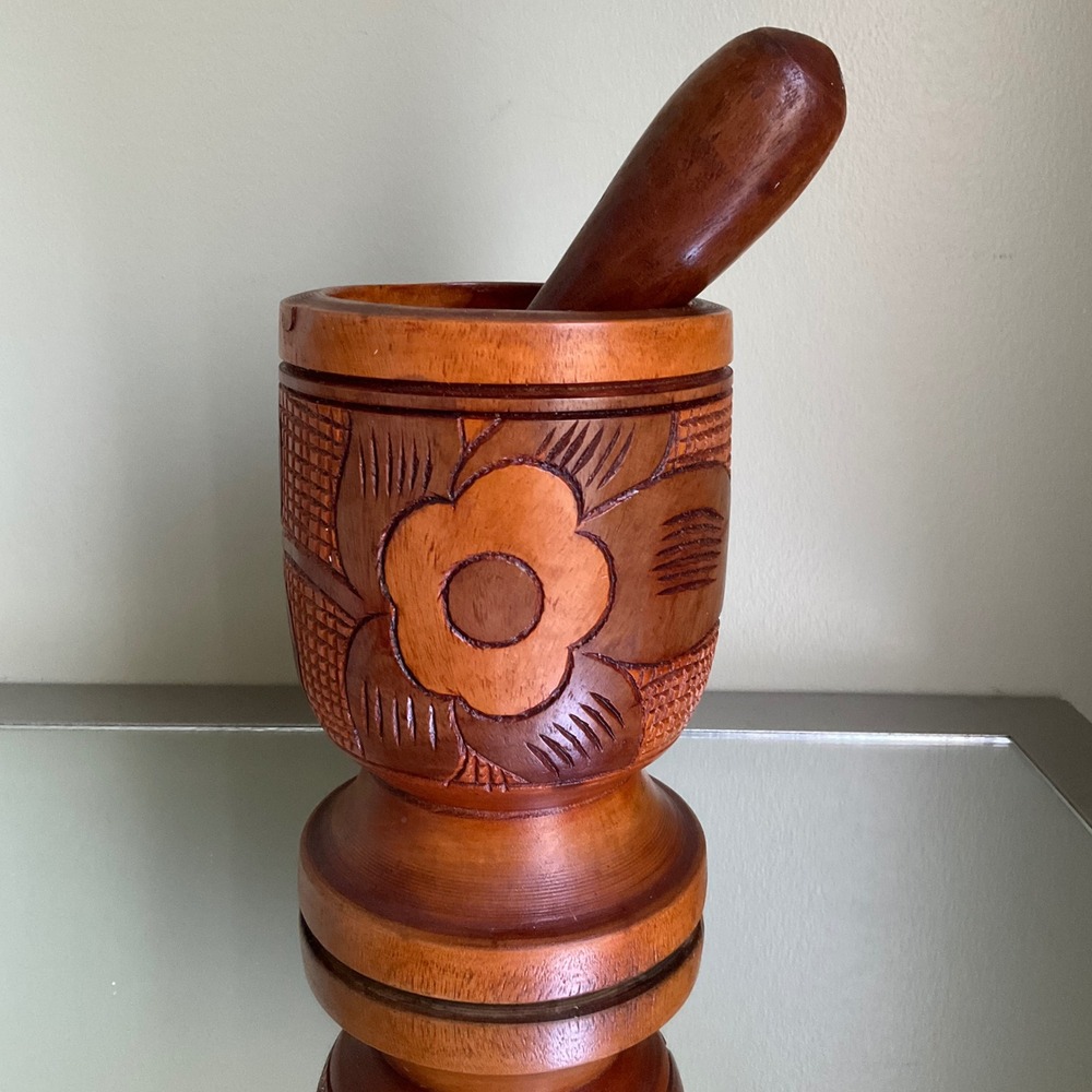 VTG Hand Carved Wooden Mortar Pestle Set Floral Folk Art Rustic Boho Kitchen DEC